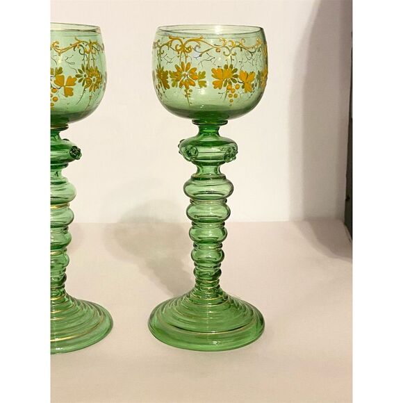 Vintage Moser Green Glass Roemer Wine Goblets Gold Gilded Floral Design - Picture 3 of 5